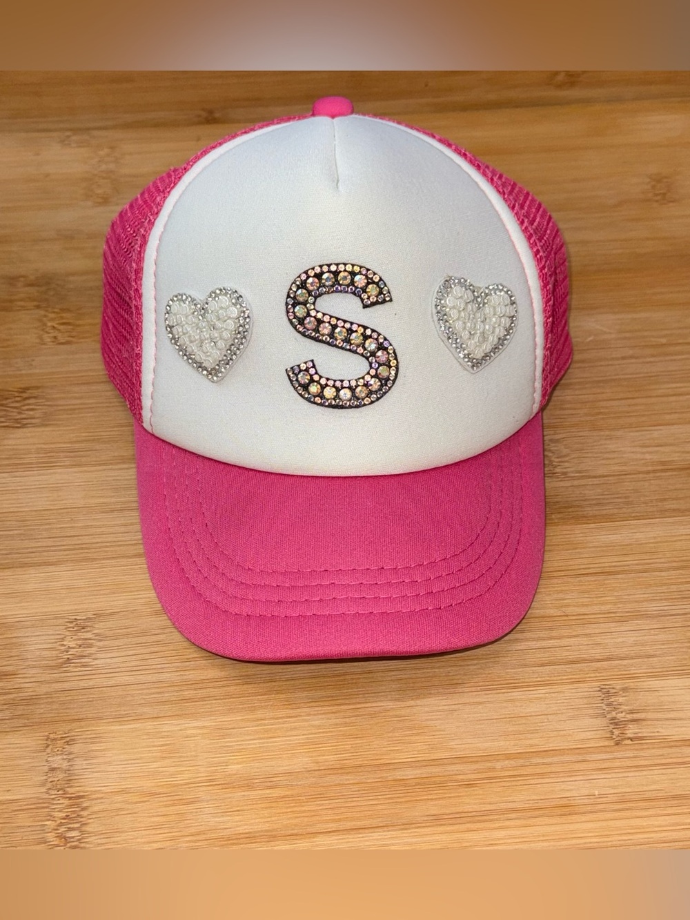 Kids Girls Pink and White Sparkle 'S' Trucker Hat